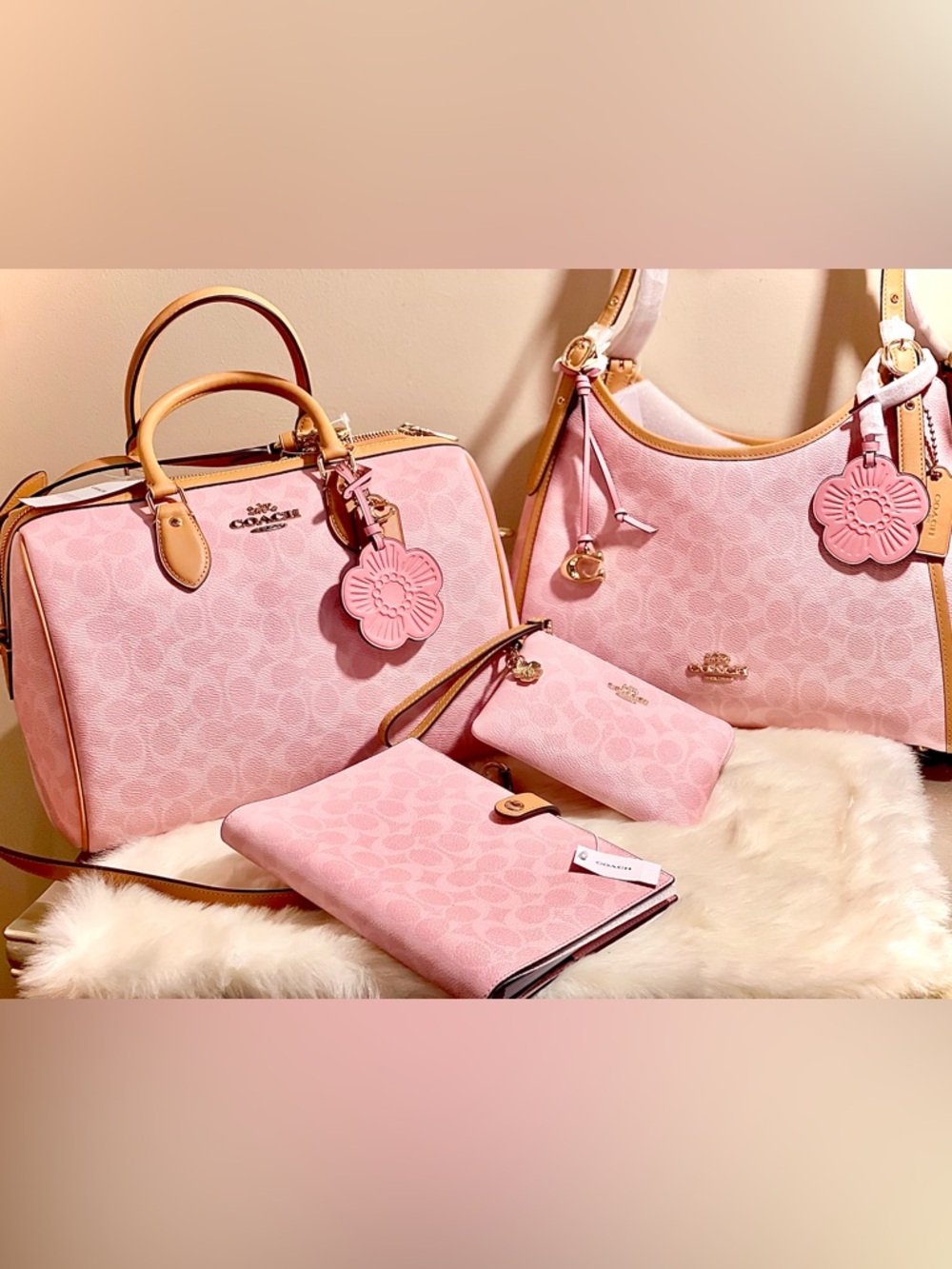 Coach Powder Pink Signature Canvas Large Rowan, Erin, Notebook and Wristlet Set